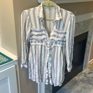 Love Notes Full Button Up Dress with Tie Navy & White Small Roll Up Long Sleeves